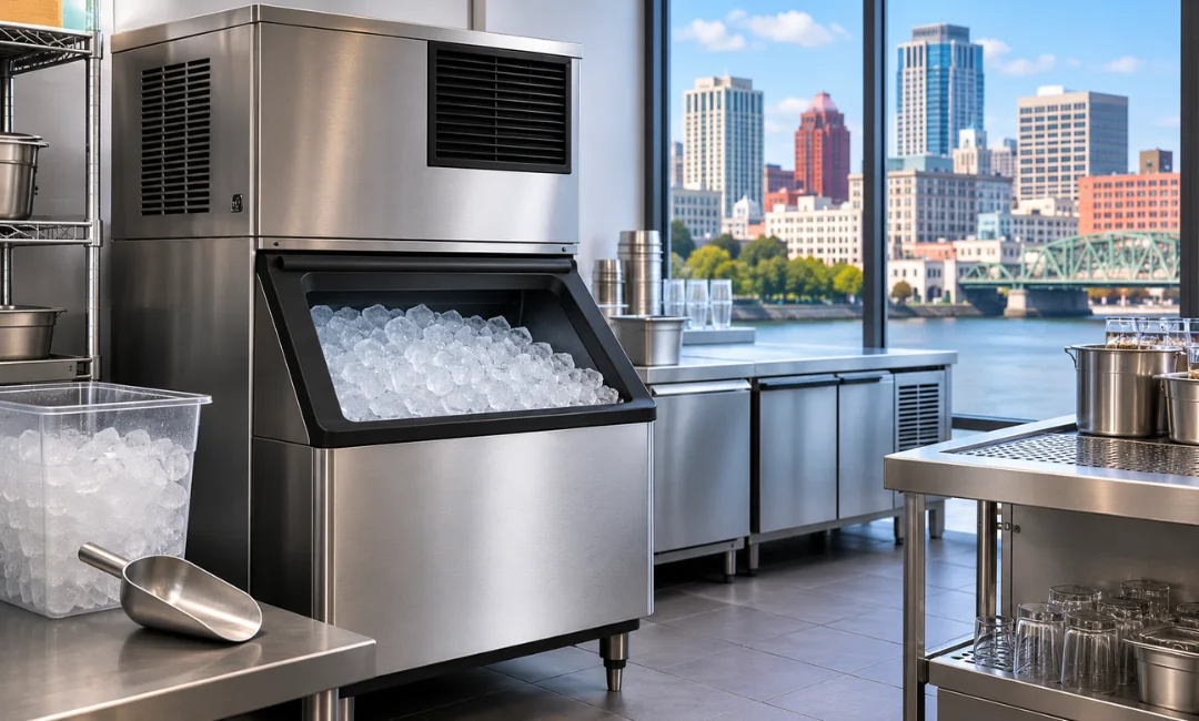 Commercial ice machine rental in a modern Newark business setting