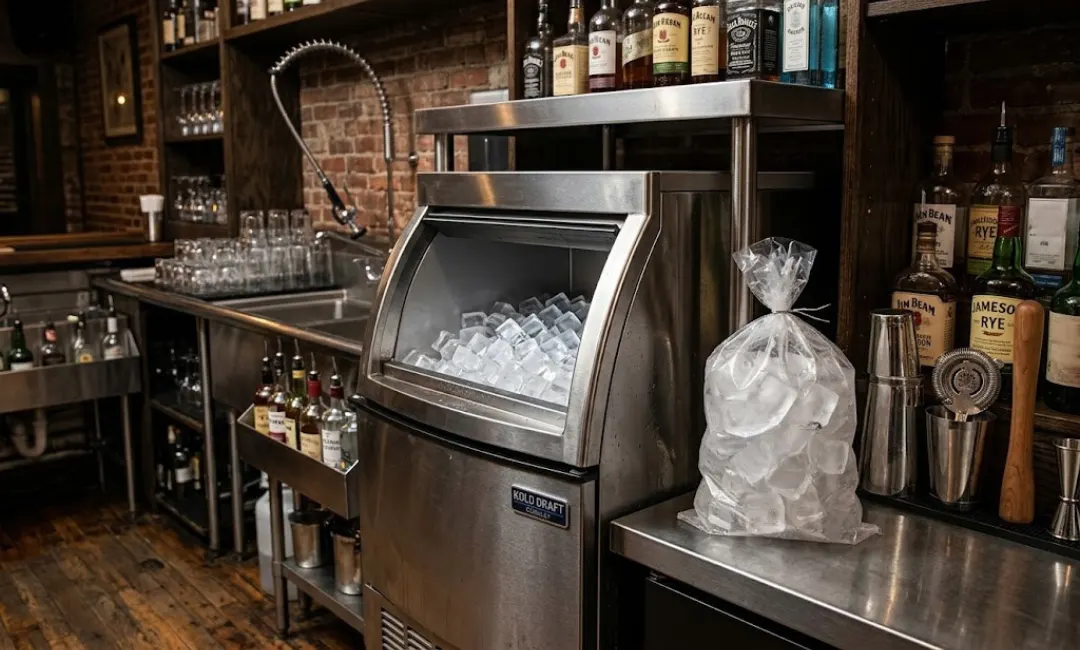 On-site large-cube ice production for bars